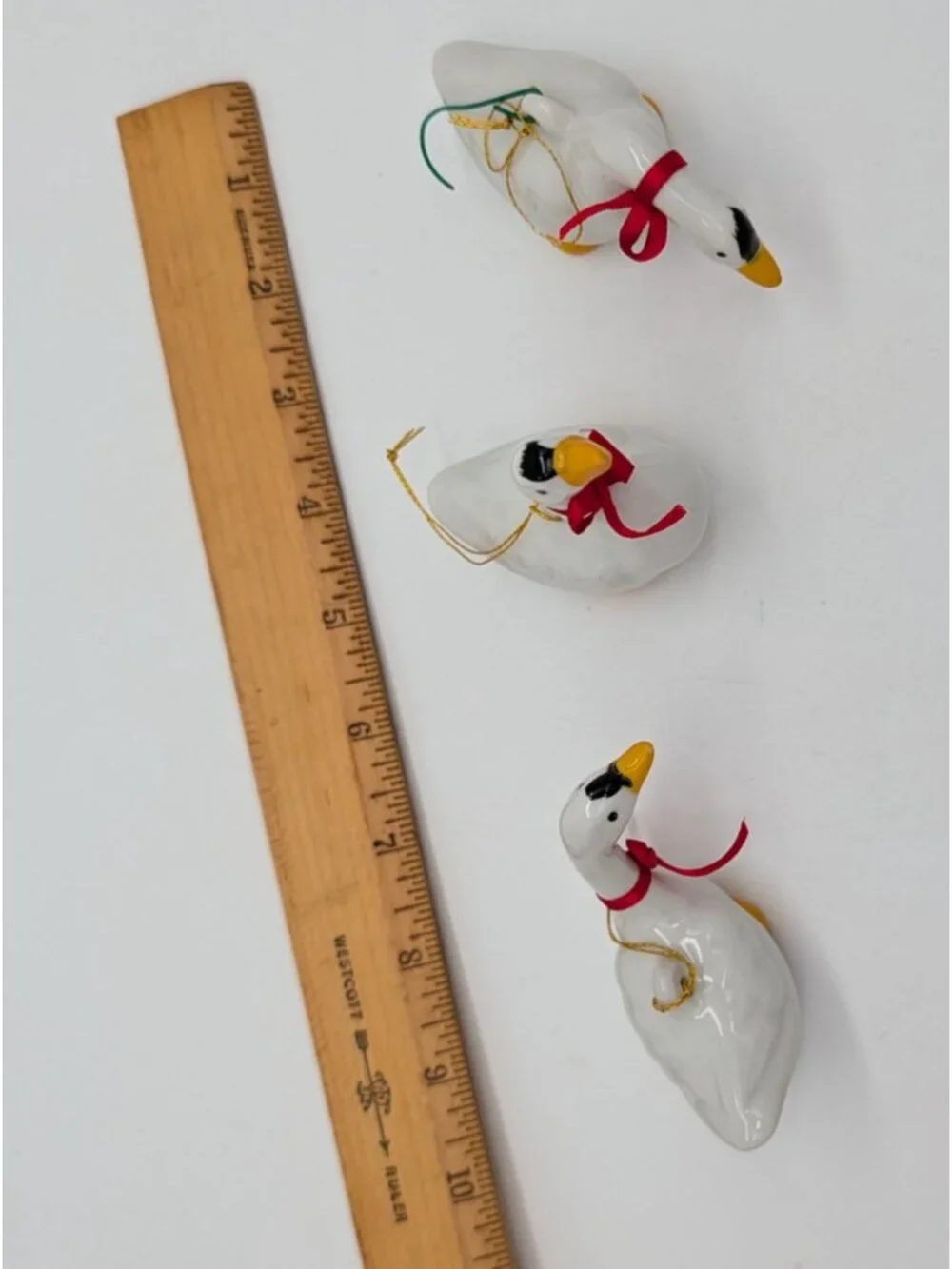 lot of 3 WHITE CERAMIC DUCK GOOSE geese w/RED BOW 2.5” ORNAMENT